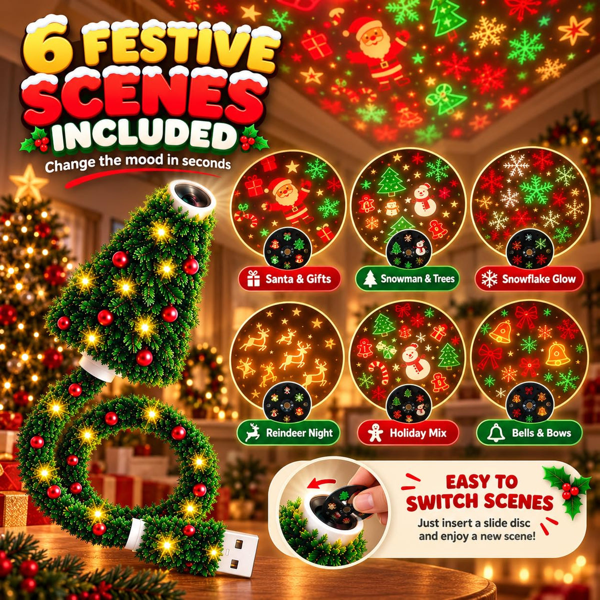 HD USB Christmas projector with 6 festive scenes